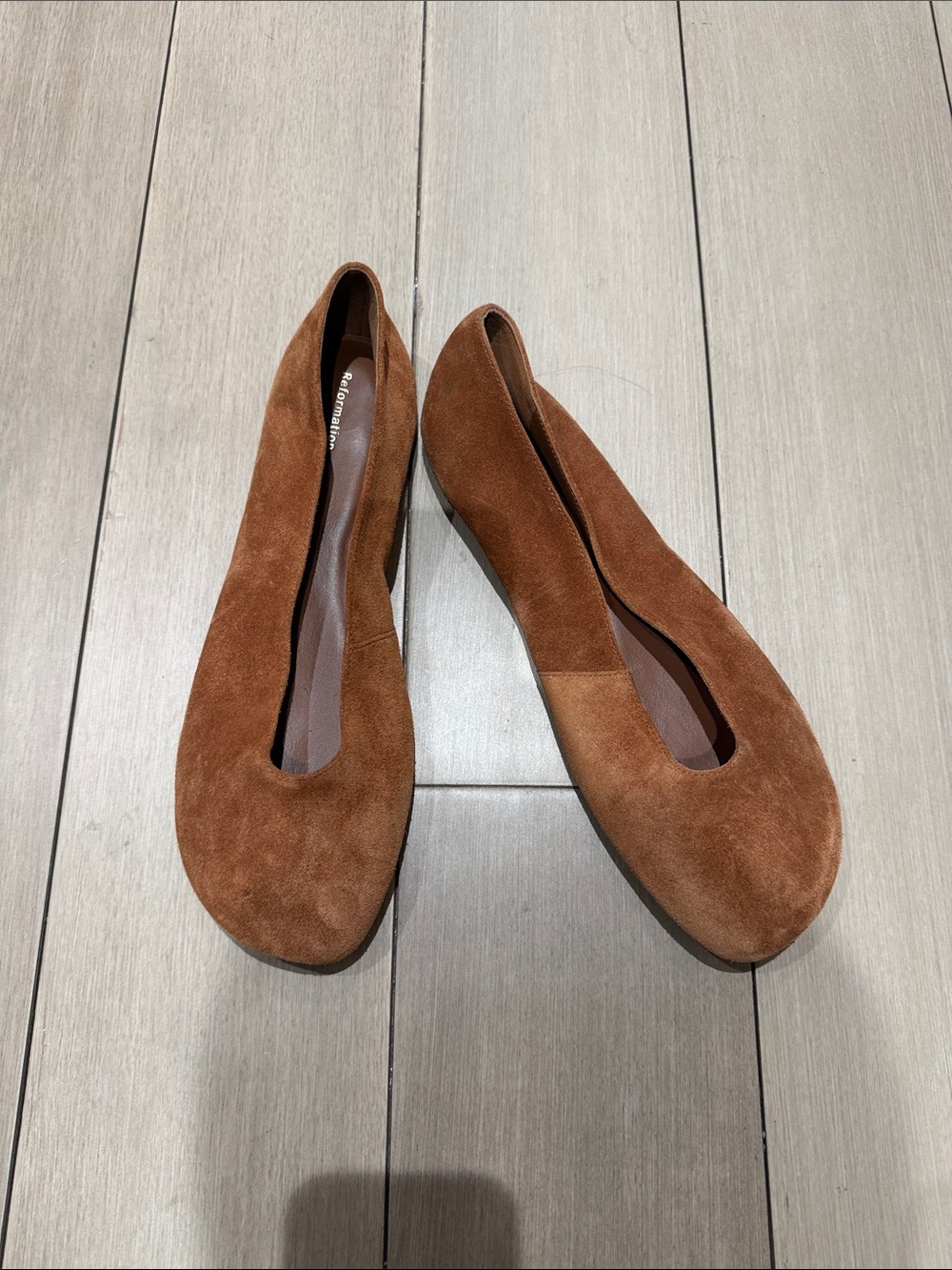 Reformation Suede Ballet Flats in Cognac Brown